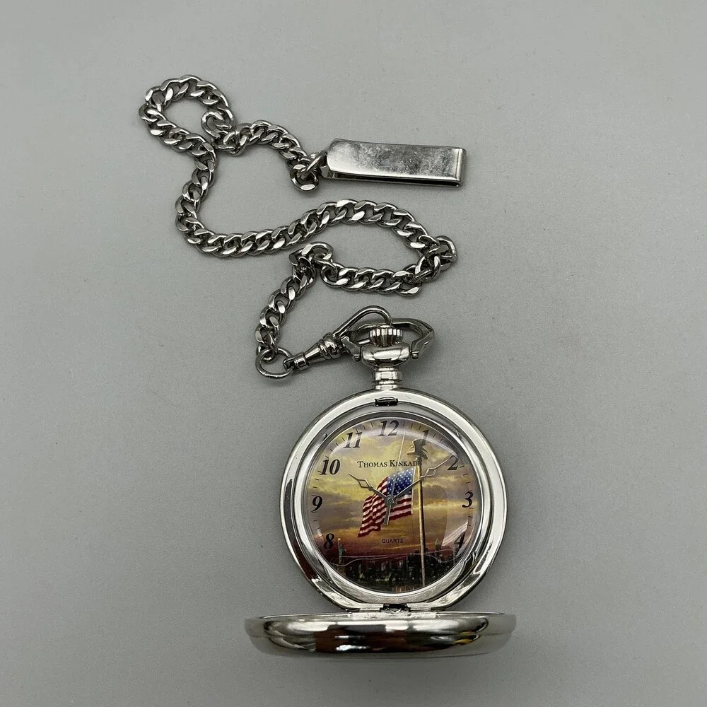 Thomas Kinkade The Light of Freedom Pocket Watch 50mm Silver Tone Flag Hunter